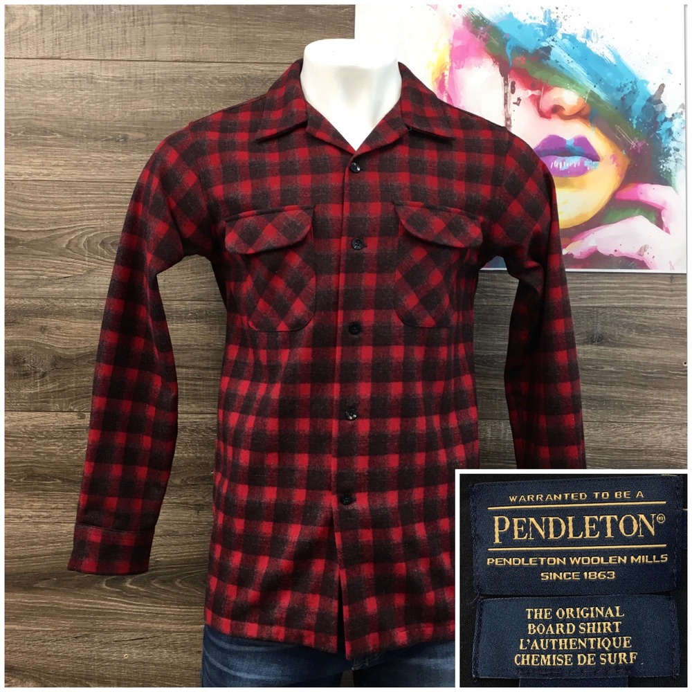 Pendleton‎ The Original Board Shirt Red Black Plaid Wool Button Up Mens  Size M